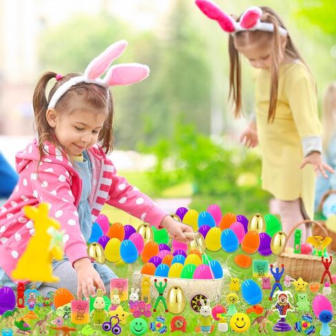 [6 بيضات ذهبية مفاجئة] 100 قطعة من بيض عيد الفصح المملوء مسبقًا بألعاب متنوعة، 100 حشو بيض عيد الفصح البلاستيكي مع ألعاب تململ، صيد بيض عيد الفصح ملء سلة عيد الفصح للأطفال الصغار الأولاد والبنات in Kuwait