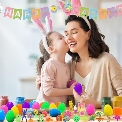 [6 بيضات ذهبية مفاجئة] 100 قطعة من بيض عيد الفصح المملوء مسبقًا بألعاب متنوعة، 100 حشو بيض عيد الفصح البلاستيكي مع ألعاب تململ، صيد بيض عيد الفصح ملء سلة عيد الفصح للأطفال الصغار الأولاد والبنات in Kuwait