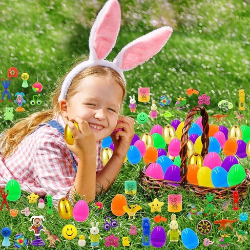 [6 بيضات ذهبية مفاجئة] 100 قطعة من بيض عيد الفصح المملوء مسبقًا بألعاب متنوعة، 100 حشو بيض عيد الفصح البلاستيكي مع ألعاب تململ، صيد بيض عيد الفصح ملء سلة عيد الفصح للأطفال الصغار الأولاد والبنات in Kuwait