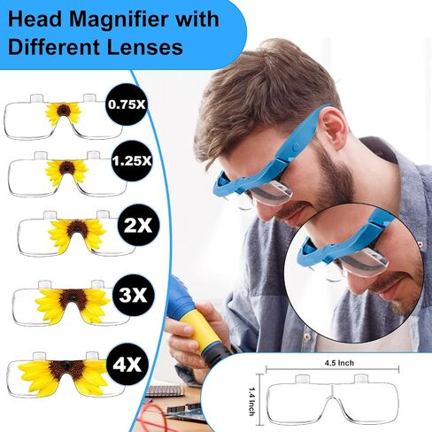 Magnifying Glass with Light Hands Free, Rechargeable Magnifying Glasses Headset with 5 Detachable Lenses Magnifier for Close Work, Reading, Jewelry Making Crafts (Blue) in Saudi Arabia