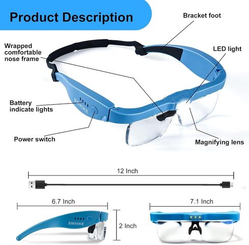 Magnifying Glass with Light Hands Free, Rechargeable Magnifying Glasses Headset with 5 Detachable Lenses Magnifier for Close Work, Reading, Jewelry Making Crafts (Blue) in Saudi Arabia