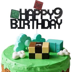 1pcs بكسل Happy السابع كعكة عيد ميلاد Topper ، Glitter Pixel Decorations Cake Cake ، Block Game Tomed Cake Topper لمدة 7 سنوات بويز فتيل فتيات اللوازم اللوازم