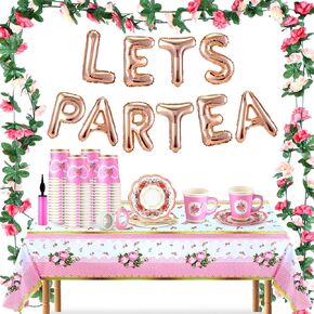 Honeydak 53 Pcs Let's Par Tea Supplies Tea Party Decorations Include 8.5 oz Floral Paper Cup and Saucers Balloons Rose Flower Garland Floral Party Tablecloth for Baby Shower Bridal Shower