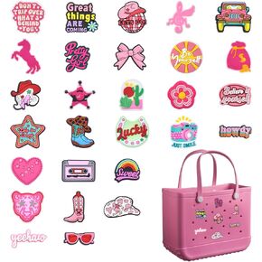Charms for Bogg Bag Accessories 28 Pack Pink Cowgirl PVC Rubber Western Themed Bag Charms for Handbags and Totes Girls & Women Decor