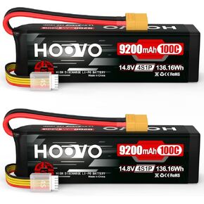 HOOVO 4S Lipo Battery 9200mAh 14.8V 100C with XT90 Plug Metal Plates Soft Case for RC Truck Truggy Buggy Tank RC Car Racing Hobby (2 Pack)