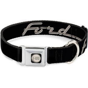 Ford Pet Collar, Dog Collar Metal Seatbelt Buckle, Ford F100 Script Black Tan Gray, 16 to 23 Inches 1.5 Inch Wide