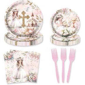 80Pcs Pink God Bless First Communion Party Supplies Plates Baptism Decorations for Girls Party Decorations for Pink Girl Baby Bday