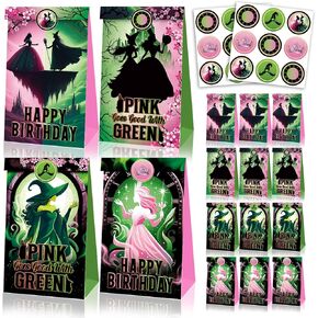 Pekeng Green Pink Decortations Goodie Good ، 12 Pack Film Birthday Party Supplies حقائب هدايا مع ملصقات ، لوازم حلوى عيد ميلاد سعيد للحفلة