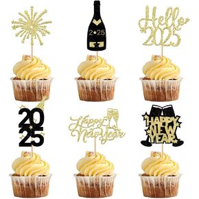 24 PCS الألعاب النارية Cupcake Toppers 2025 Happy New Year موضوع الحفلة الديكور الحلوى إدراج MgPferd