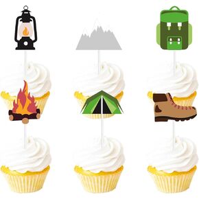 18pcs Glitter Dessert Cupcake Topper Camping Theme Decor Supplies Baby Shower Boy Girl Happy Birthday Woodlands party Decorations