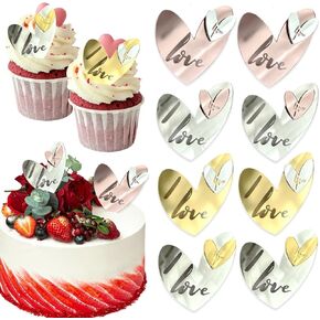8 PCS HEART LOVE ACRYLIL CUPCAKE TOPPERS DISC MIRROR HEART TO HEART CAKE Decors I Love You Cake Topper للخبز