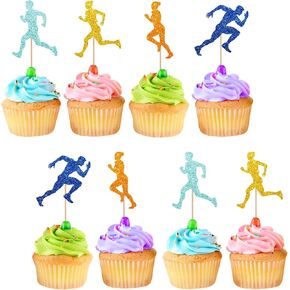 24pcs Running Cupcake Toppers, Sports Fitness Cupcake Toppers for Birthday, Blue Glitter Runner Cake Decorations for Health Fitness Themed Party Supplies