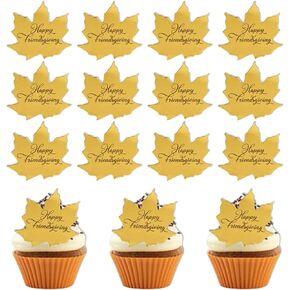 20 Pcs Fall Cupcake Topper Decorations Thanksgiving Day Party Supplies Mirror Maple Leaf Design Autumn Harvest Cake Food Gold Acrylic Accessories