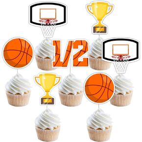 36Pcs Basketball Half Birthday Cupcake Toppers Basketball 1/2 Birthday Decorations Sport Themed Cupcake Pick Basketball Basket Trophy Half Time Cake Decoration for Boy 6 Months Birthday Party Supplies