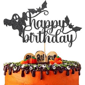 Happy Halloween Birthday Cake Topper - Black Ghost Bat Cake Children's Birthday Supplies, Horror Birthday Theme Party Decoration, Cupcake Dessert Decoration