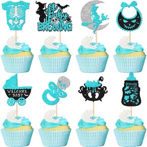 32 PCS Halloween Baby Shower Cupcake Toppers Glitter Welcome Baby Carriage Bottle A Baby is Brewing Cupcake Picks for Halloween Theme Baby Shower Birthday Party Cake Decorations Supplies Blue