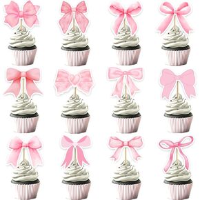Pink Bow Cupcake Toppers, Pink Bow Coquette Birthday Cake Decorations for Birthday Baby Shower Pink Bow Theme Party Decor (48)
