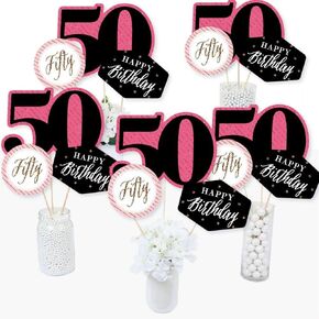 عيد ميلاد كبير من السعادة الأنيقة 50th - الوردي والأسود والذهبي - عصي الحفلات المركزية للحفلات - أغطية طاولة - مجموعة من 15