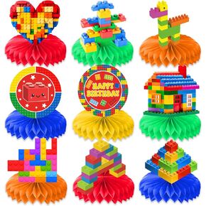 9PCS Building Block Honeycomb Centerpieces Themed Birthday Party Decorations Construction Centerpiece Table Decoration Party Favors Decor Supplies Gifts for Boys Girls Men Women