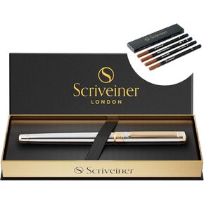 Scriveiner Silver Chrome Rollerball Pen - Stunning Luxury Pen with 24K Gold Finish bundle with Rollerball Refill Blue Fine - 4 Rollerball Refills in one box