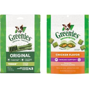 Greenies أصلي Teenie Dental Dog Treats ، 12 أوقية. حزمة حزمة مع Greenies Smartbites الدعم المناعي يعالج الكلب ، نكهة الدجاج ، 8 أوقية. علية