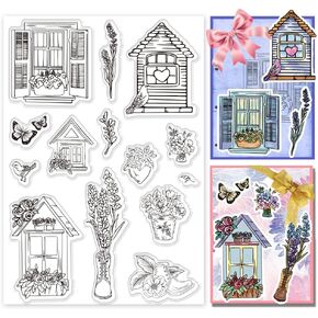 PH Pandahall Flower Window Craft Stamps Garden House Rubber Rubber Stamps Butterfly Silicone Stamphan