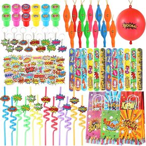 LIYIQ 122 PCS Party Favors مع بالونات لكمة ، قش قابلة لإعادة الاستخدام ، أساور صفعة ، سلاسل المفاتيح ، الطوابع ، الملصقات وأكياس الهدايا لحفلة عيد ميلاد الأطفال (النمط 1)