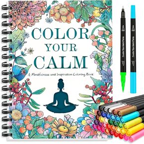 Adult Coloring Book for Women with 36 Dual-Tip Markers, 30 Patterns Spiral Bound Coloring Books for Adults Relaxation, Anxiety Relief Mindfulness Relaxation Gifts for Women
