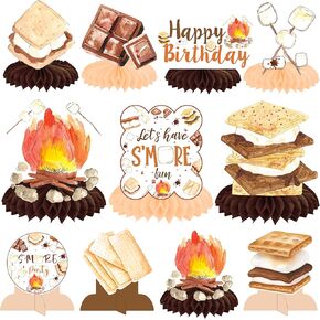S'more Party Honeycomb Centerppes 11pcs S'more عيد ميلاد ديكورات حفلة Bonfire Camping Party Table Decor