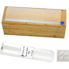 Vacuum Sealer Bag Roll Dispenser with Slide Cutter - Reusable & Large Bamboo Vacuum Bag Dispenser Fits Most 50 ft Food Saver Bags Rolls - Perfect for Big 12" Rolls of Plastic Wrap, Aluminum Foil