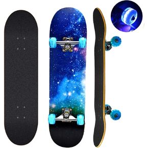 Skateboards with Colorful Flashing Wheels for Beginners,Kids,Teens,Adults, Complete Standard Skate Boards 7 Layer Maple Deck Concave Skateboard