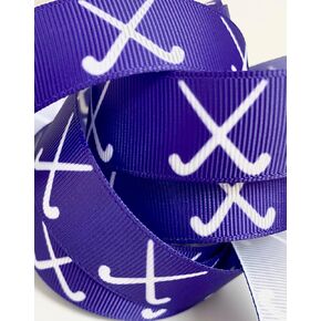 Grosgrain Ribbon - شريط أرجواني مع عصي الهوكي الحقل الأبيض. 7/8 بوصة عرض - 10 ياردة ، شريط البوليستر 100 ٪ ، متعة لجميع الحرف الهوكي الميدانية ، الأقواس ومشاريع الخياطة!