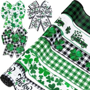 6 Roll St. Patrick's Day Wired Edge Ribbon 2.5 بوصة أخضر أسود أبيض بوفالو بامبالز شريط النسيج شريط شاميروك الشاحنات الشاحنة للفه مركبة إكليل من القوس ديي ، 36 ياردة
