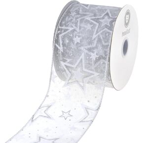 HOMEFORD Christmas Sheer Organza Glittered Stars Wired Ribbon, 2-1/2-inch, 10-Yard, White