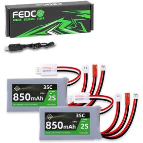 7.4V Lipo Battery 2S 35C 850mAh Rechargeable Lipo Battery JST & MJ & PH2.0 & MX2.0 Plug Connector With USB Charger For SCX24 FCX24 TRX4M CR18P Upgrades and More 1/18 1/24 RC Car Boat RC Airplane