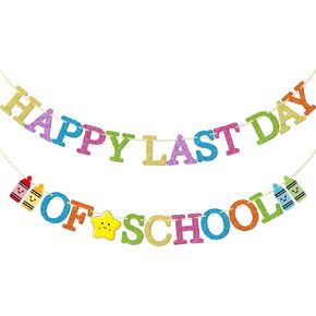 Firefairy Happy Last Day of School Banner ، نهاية المدارس المسبقة ، اليوم الأخير من زخرفة الفصول الدراسية ، مدرسة وداعا ، تخرج مرحلة ما قبل المدرسة/روضة الأطفال ، قوس قزح بريق