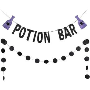 PORTION BAR BANNER Black Glittery Circle Dots Garland - Halloween Hocus Pocus Decorations Witch Party Decor