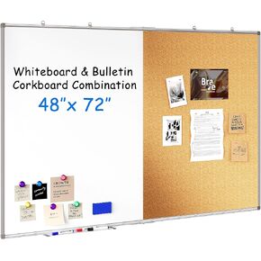 TQVAI 72x48 Magnetic Dry Erase White Board & Cork Board Combo Aluminum Framed Foldable Wall Mounted Bulletin Board with Markers, Pen Tray, Magnets - for Office, Classroom, Home