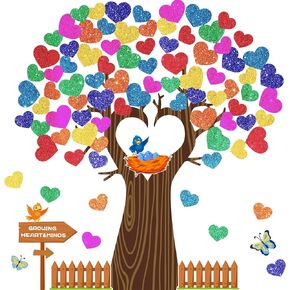 زخارف نشرة شجرة الفصول الدراسية مجموعة الأزياء التي تتأرجح على شكل قلب مع قلب Golden Glitter Classroom Gall Decor