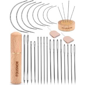 FOUSNOW 24 Pcs Leather Sewing Needles, Heavy Duty Sewing Needles Kit with Upholstery Needles, Needle Threaders for Hand Sewing, Curved Sewing Needles for Leather, Upholstery, Car, Carpet, Sofa Repair