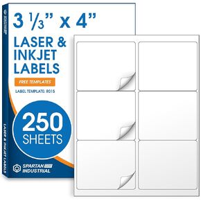 3 1/3 "× 4" ملصقات شحن بيضاء غير لامعة متوافقة مع طابعات الحبر والليزر - 250 ورقة ، 1500 ملصقات قابلة للطباعة للبريد ، معرفات المنتج ، المنظمة - Spartan Industrial