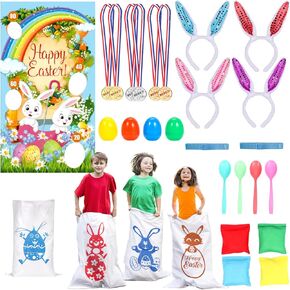 Atonofun Easter Outder Party Games for Kids ، أكياس قفز للسباق للبطاطا ، وعصابات رأس الأذنين ، وسباق البيض والملعقة ، وعصابات سباق الترحيل لصالح حفلة عيد الفصح ، و Easter Eggs Hunt Game