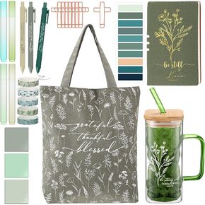 Singhoow 29 Pcs Mother's Day Christian Gift Bible Journaling Kit Glass Cup Canvas Bag Leather Notebook Highlighters and Pens Sticky Notes Tapes Paper Clips Bible Study Supplies for Women(Green)