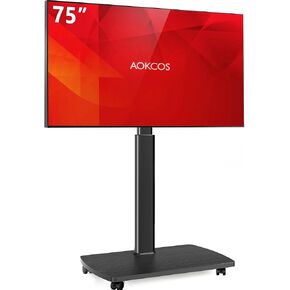 Rolling TV Stand, Portable Mobile TV Stand on Wheels for 32-75 Inch TV, 10 Level Height Adjustable, 12°Tilt & 50°Swivel, Tall Outdoor TV Floor Stand with Castors, Holds up to 110 Lbs, White