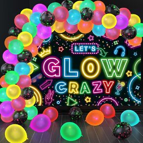 Neon Glow Party Decorations Glow in the Dark Party Supplies UV Blacklight Luminous Neon Balloons Arch Kit and Let's Glow Crazy Decorations Backdrop for Birthday Sleppover Decor