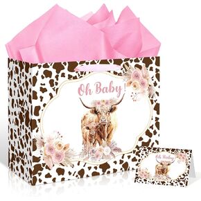 Large Cow Baby Gift Bag Highland Cow Gift Bag with Handles Tissue Paper and Card Cowgirl Birthday Highland Cows Baby Shower Decorations for Girls Cowgirl Cowboy Newborn New Moms Parents Birthday Decor