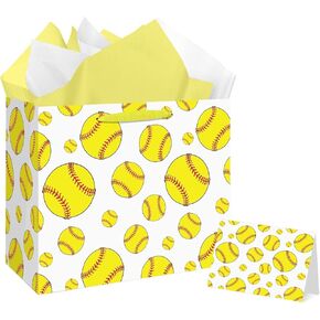 Jiaoiudi Softball Party Bags with Tissue Paper Greeting Card Softball Gift Bags with Handles Large Softball Goodie Bags