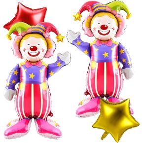 2 Pcs 3D Self Standing Clown Balloons 60 Inch 2 Pcs Star 10 Inch Carnival Party Decorations Circus Clown Aluminum Foil Balloons for Carnival Birthday Themed Parties