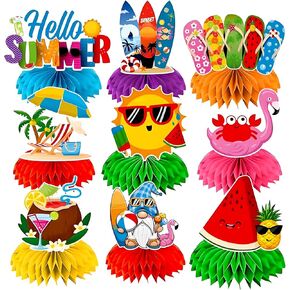 9pcs زخارف الحفلات الصيفية ، مركزية العسل ، Hello Summer Birthday Party Decoritions ، 3D Beach Summer Decorations Concerpiece for Birthday Beach Pool Party Decors
