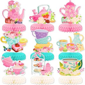 زخارف الحفلات موضوع الشاي ، 9 PCS KSKSPE شاي مركزية للجداول قرص العسل المركزية 3D موضوع الشاي
